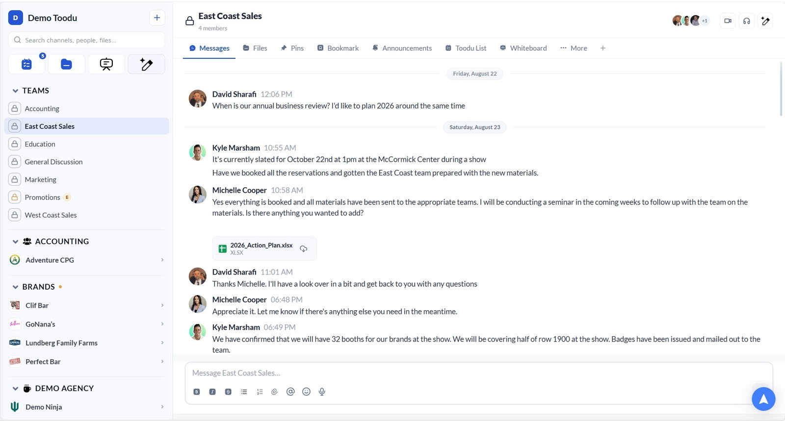 Toodu Connect — a brand and its broker team coordinating a trade show in the East Coast Sales channel